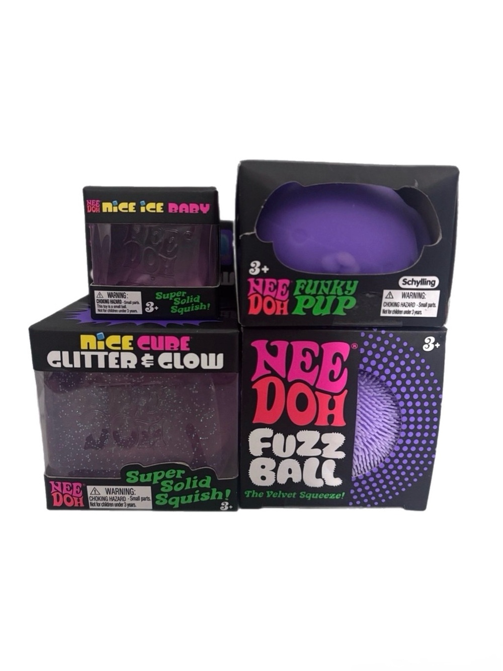 NeeDoh Purple Bundle - nice ice baby, glitter cube, funky pup, fuzz ball